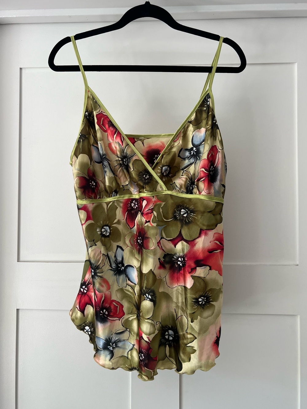 VINTAGE Floral Satin Silk Cami Tank Top - Olive & Red Y2K
